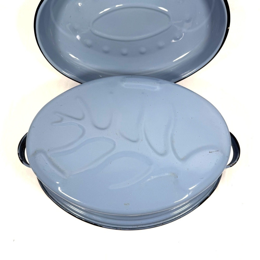 Vintage Enamelware Oval Roasting Pan with Lid Blue Farmhouse Large 16.5in Roastr - Picture 6 of 14